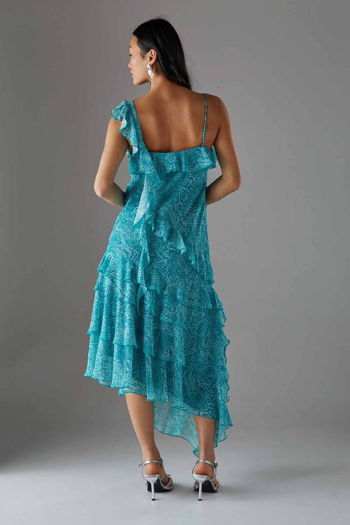 Warehouse Petite Chiffon Asymmetric Hem Ruffle Midi Slip Dress Blue image 4