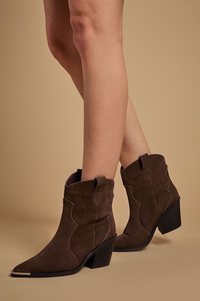 Oasis Tammy Real Suede Metal Trim Western Ankle Boots Chocolate