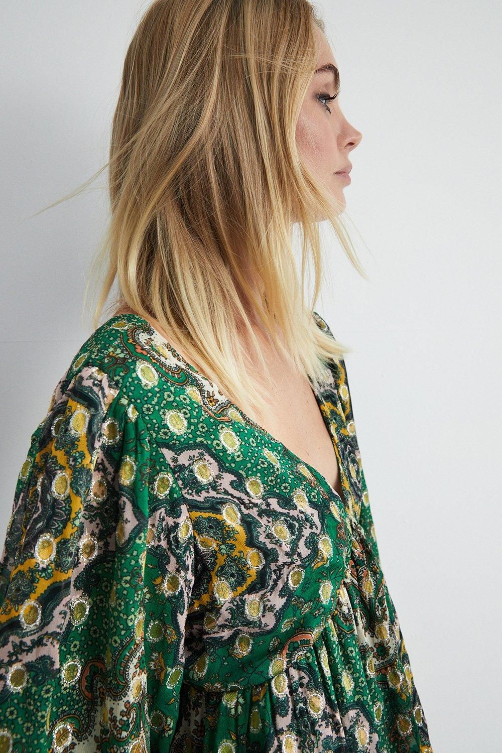 Warehouse Sparkle Border Print V Neck Mini Dress Green image 2