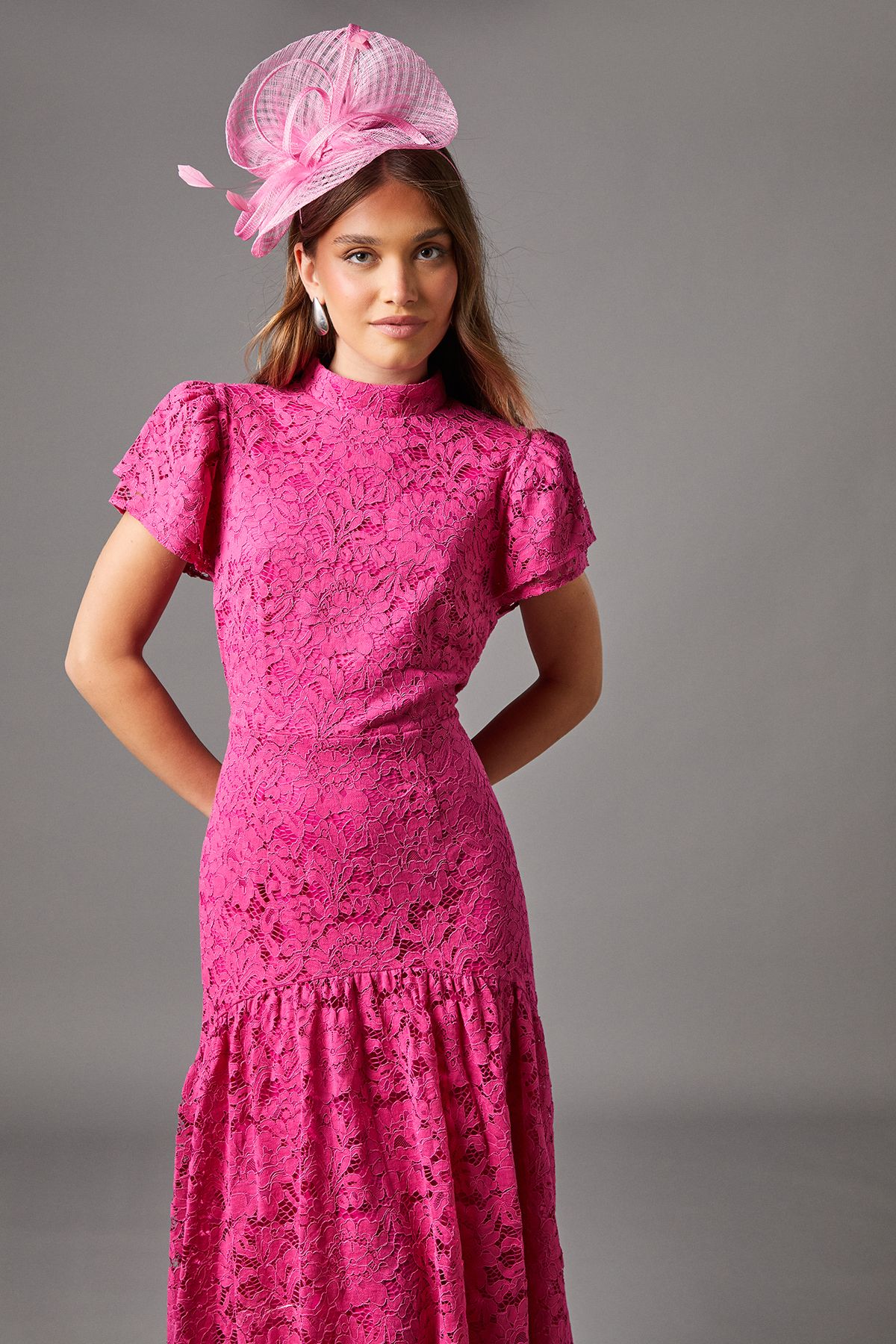 Coast Lace Frill Sleeve High Neck Midi Dress Pink image 2