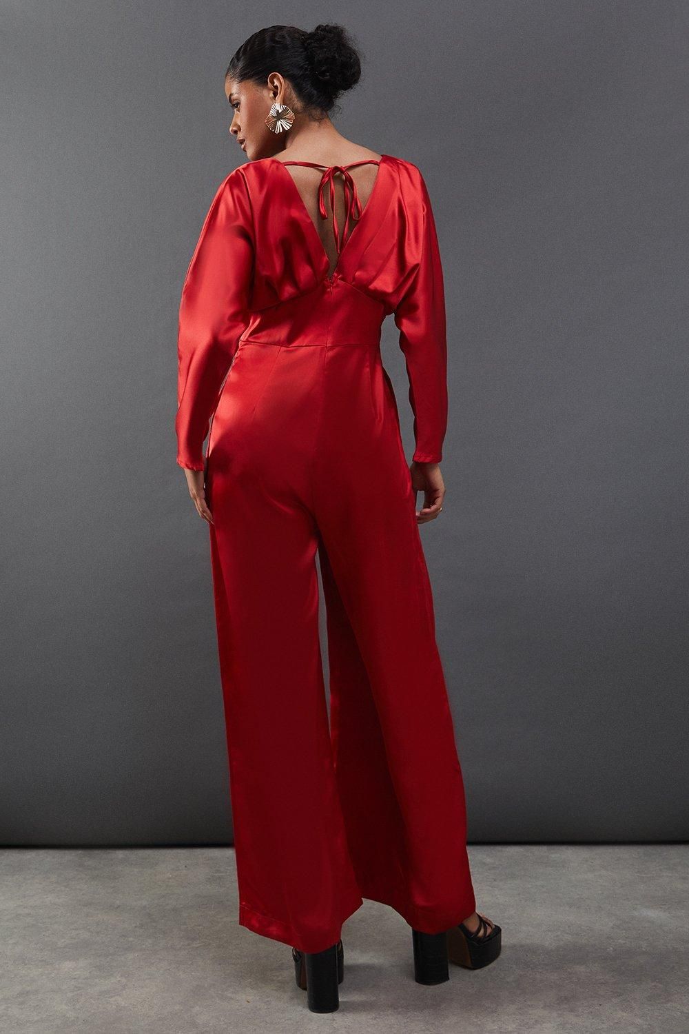 Warehouse Satin Batwing Wide Leg Jumpsuit Red image 3