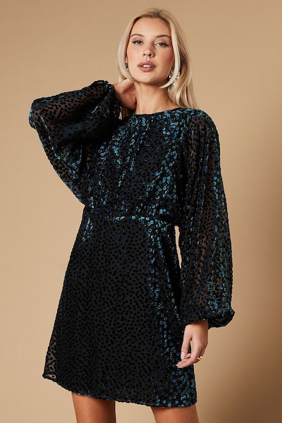 Oasis Velvet Long Sleeve Mini Dress Green