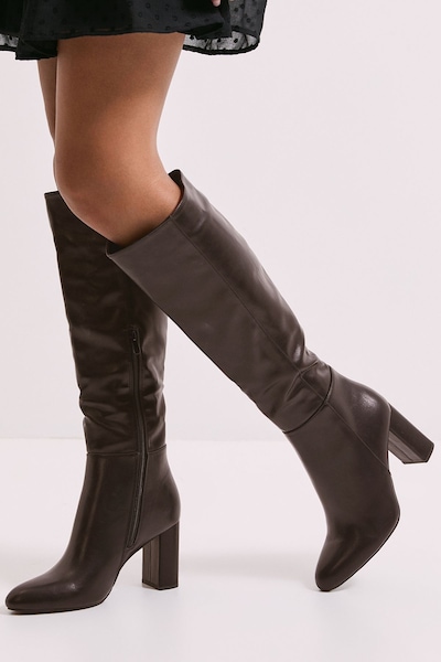 Dorothy Perkins Wide Fit Liliana Almond Toe High Block Heel Knee Boots Brown