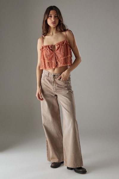 Warehouse Bohemian Lace Strappy Cropped Cami Top Tan