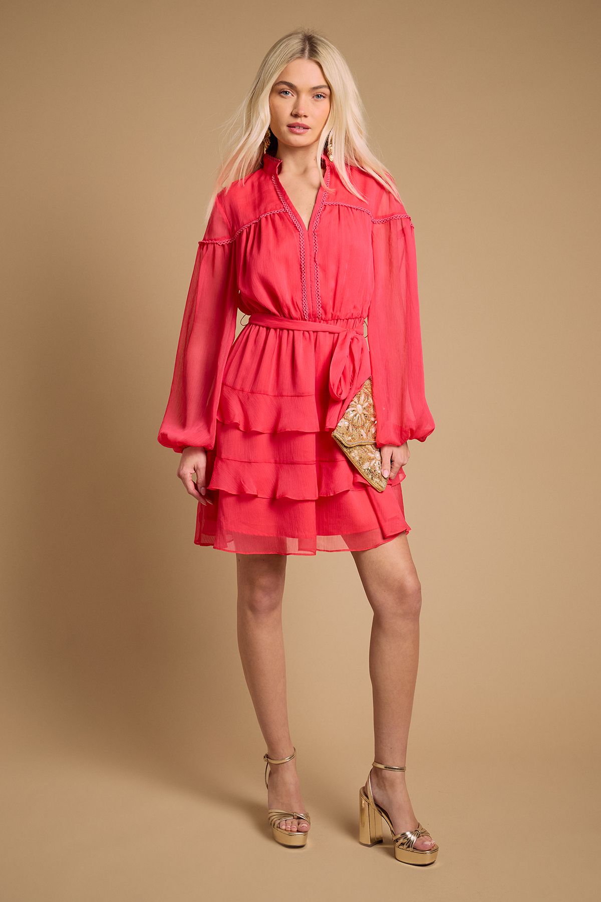 Oasis Contrast Tiered Mini Dress Coral Pink