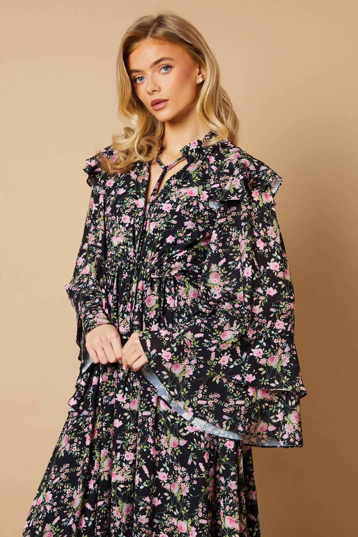 Oasis Floral Printed Drawstring Waist Midi Dress Black image 2