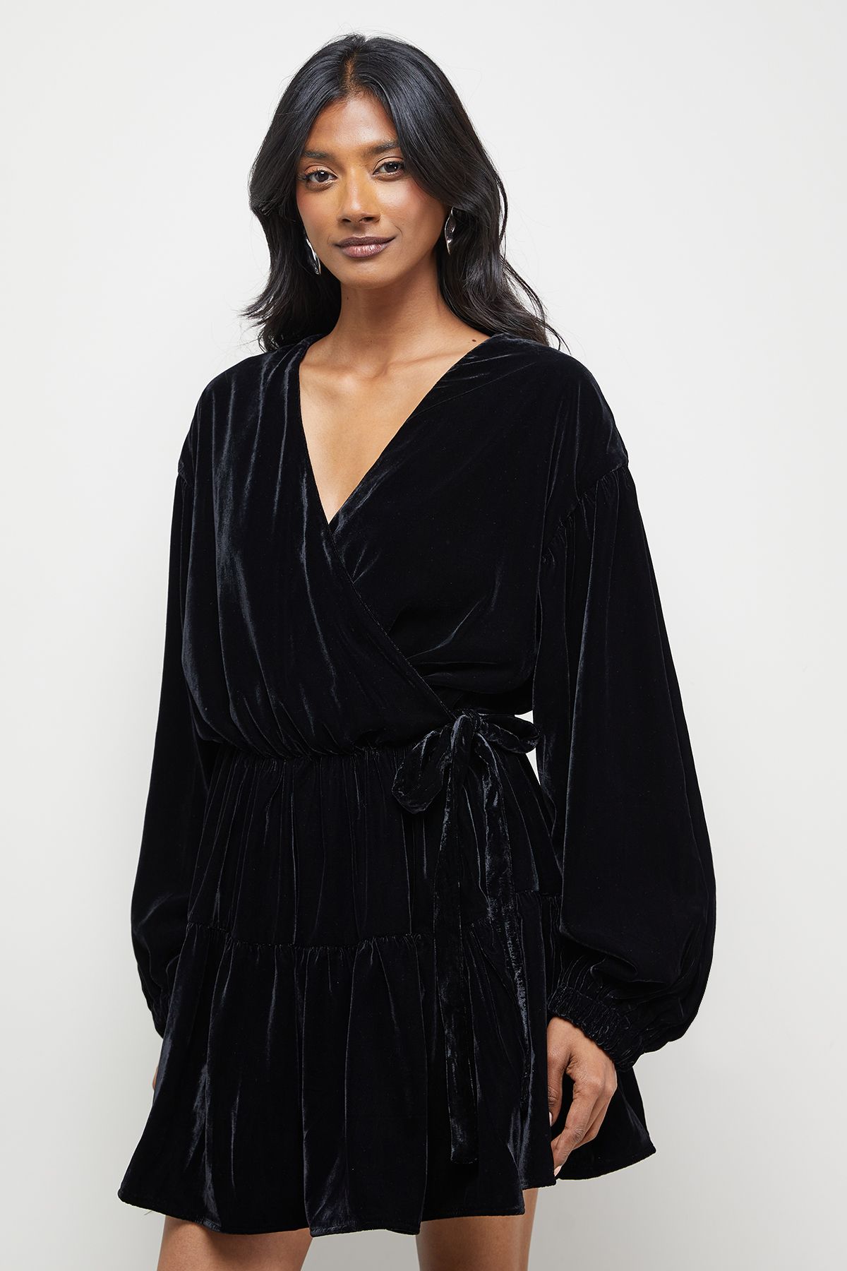 Warehouse Velvet Wrap Mini Smock Dress Black