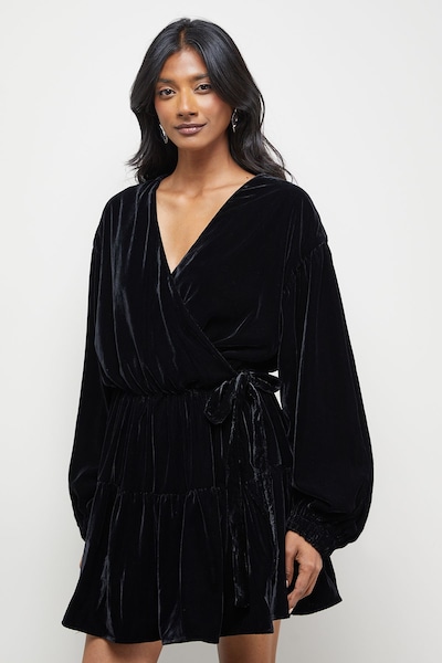 Warehouse Velvet Wrap Mini Smock Dress Black