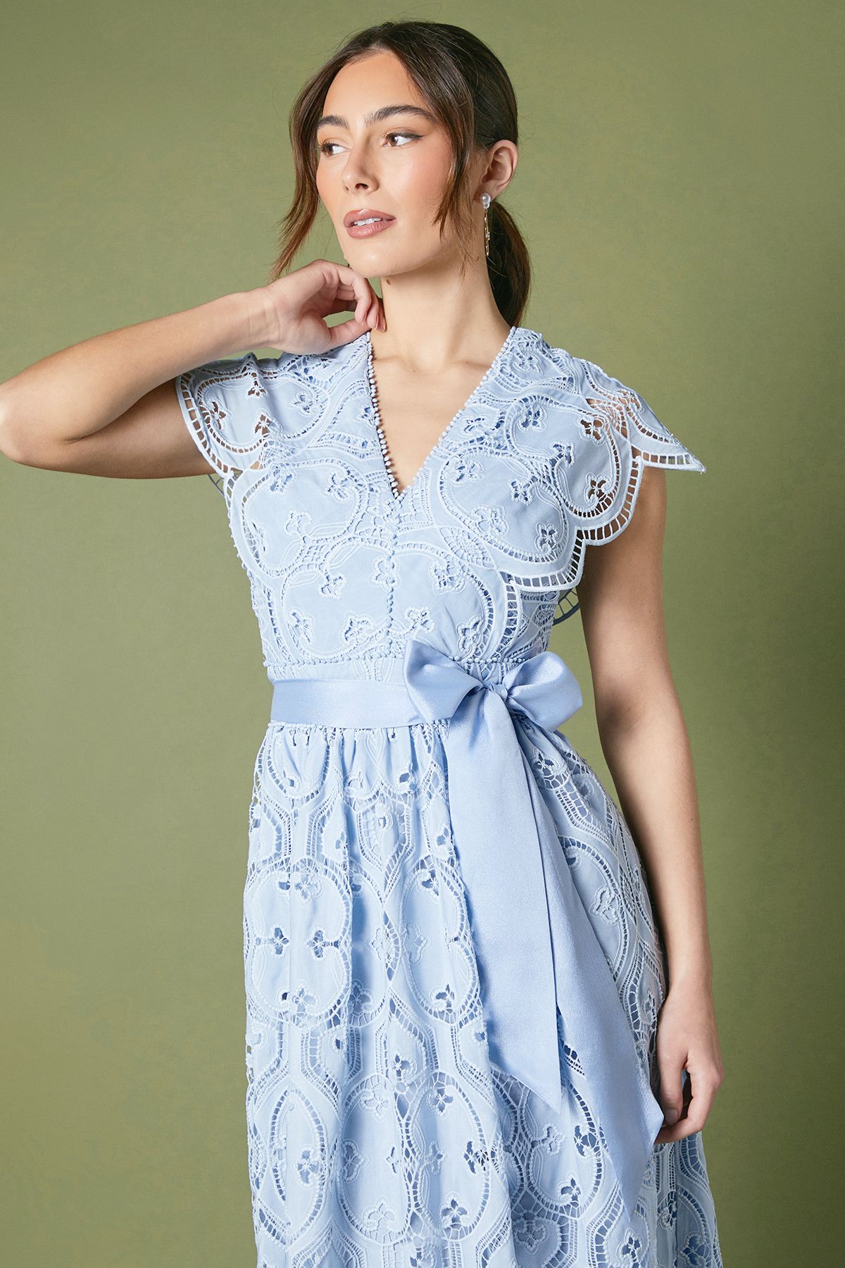 Coast Lace V Neck Belted Midi Holiday Dress Pale Blue image 2