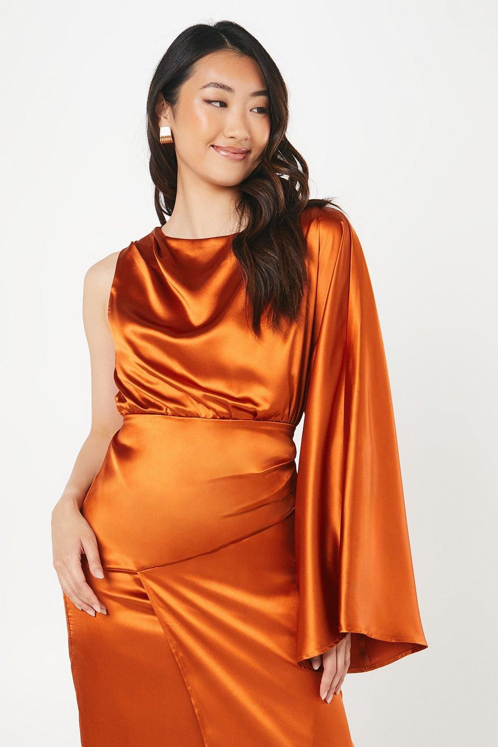 Coast Satin One Shoulder Midi Wedding Guest Dress Burnt Orange image 4