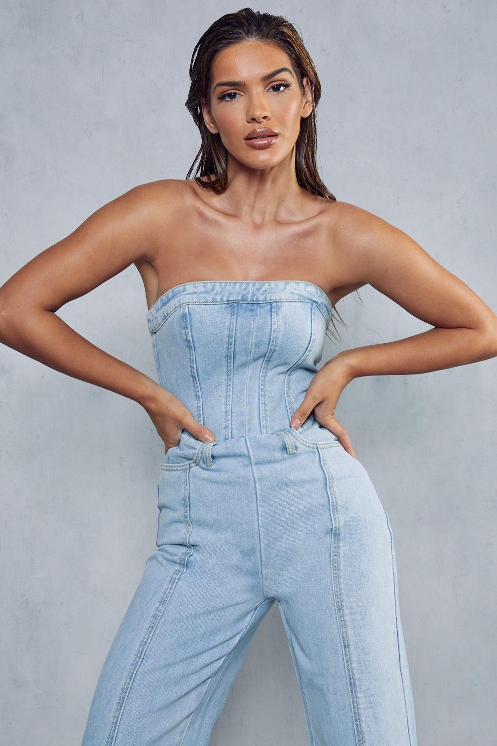 MissPap Bandeau Denim Wide Leg Jumpsuit Mid Wash image 5