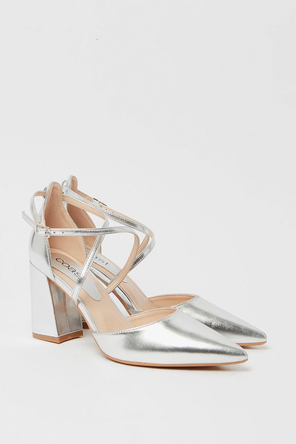 Coast Treat Faux Leather  Cross Strap Pointed Block Heel Court Shoes Silver image 3