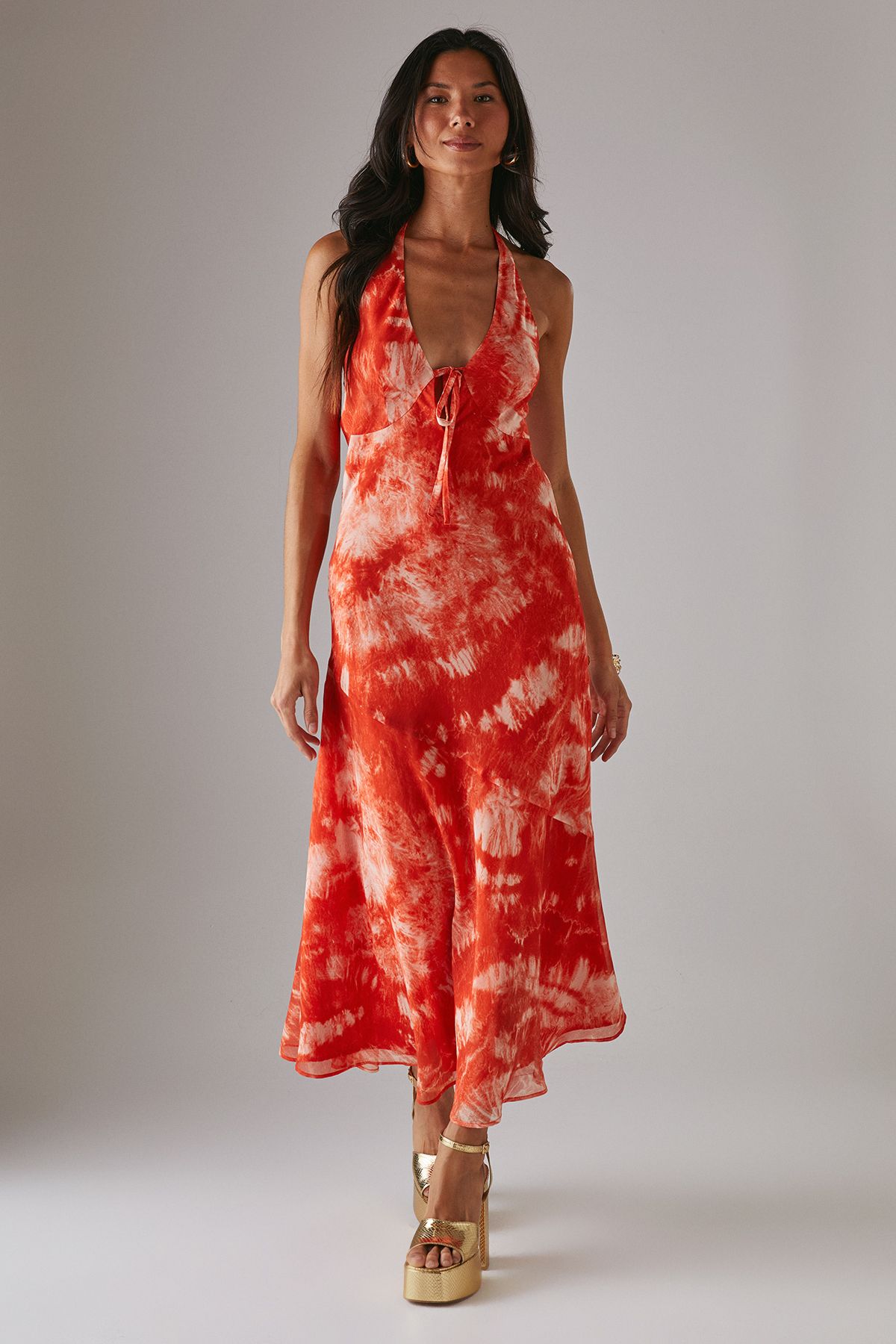 Warehouse Tie Dye Chiffon Bias Low Back Halter Midi Dress Orange image 4