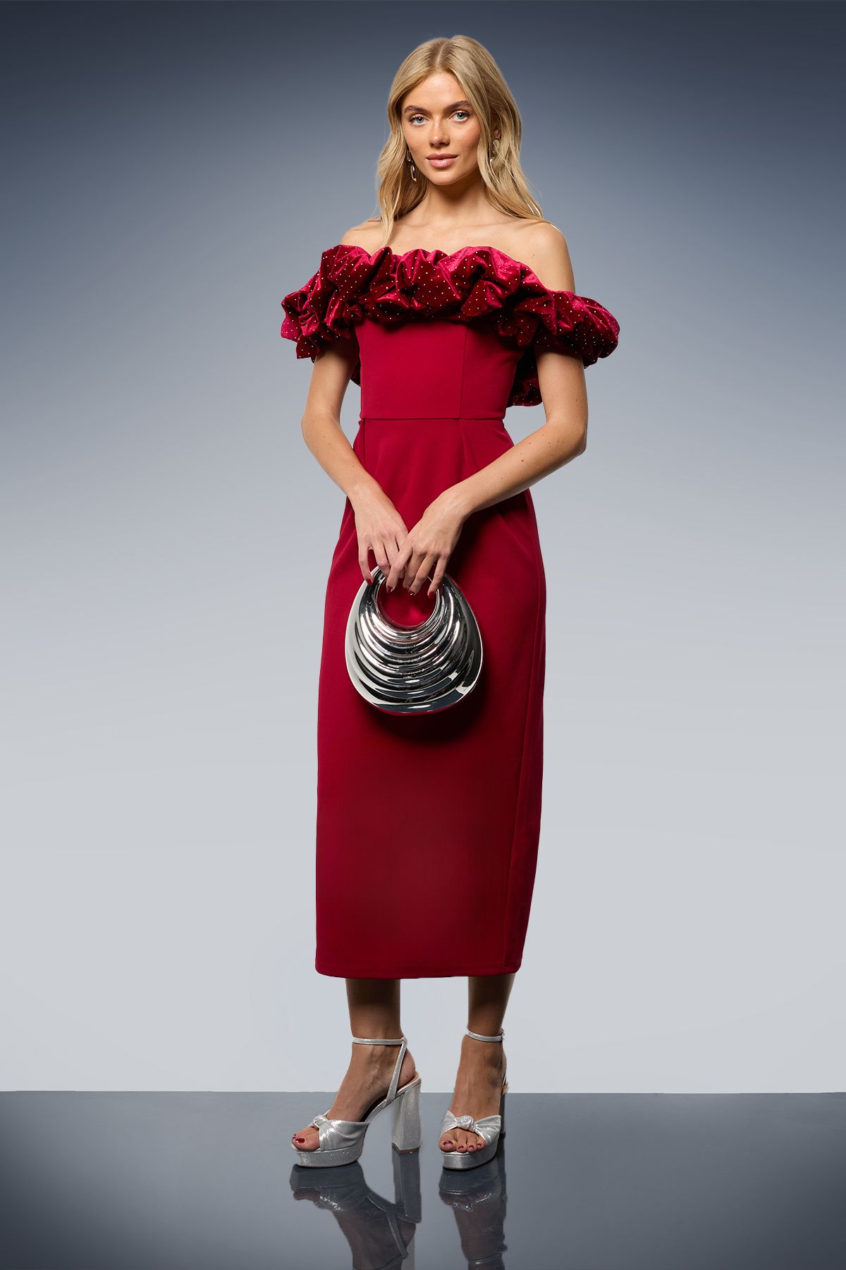 Oasis Diamante Velvet Ruffle Bardot Bodycon Midi Dress Burgundy image 1