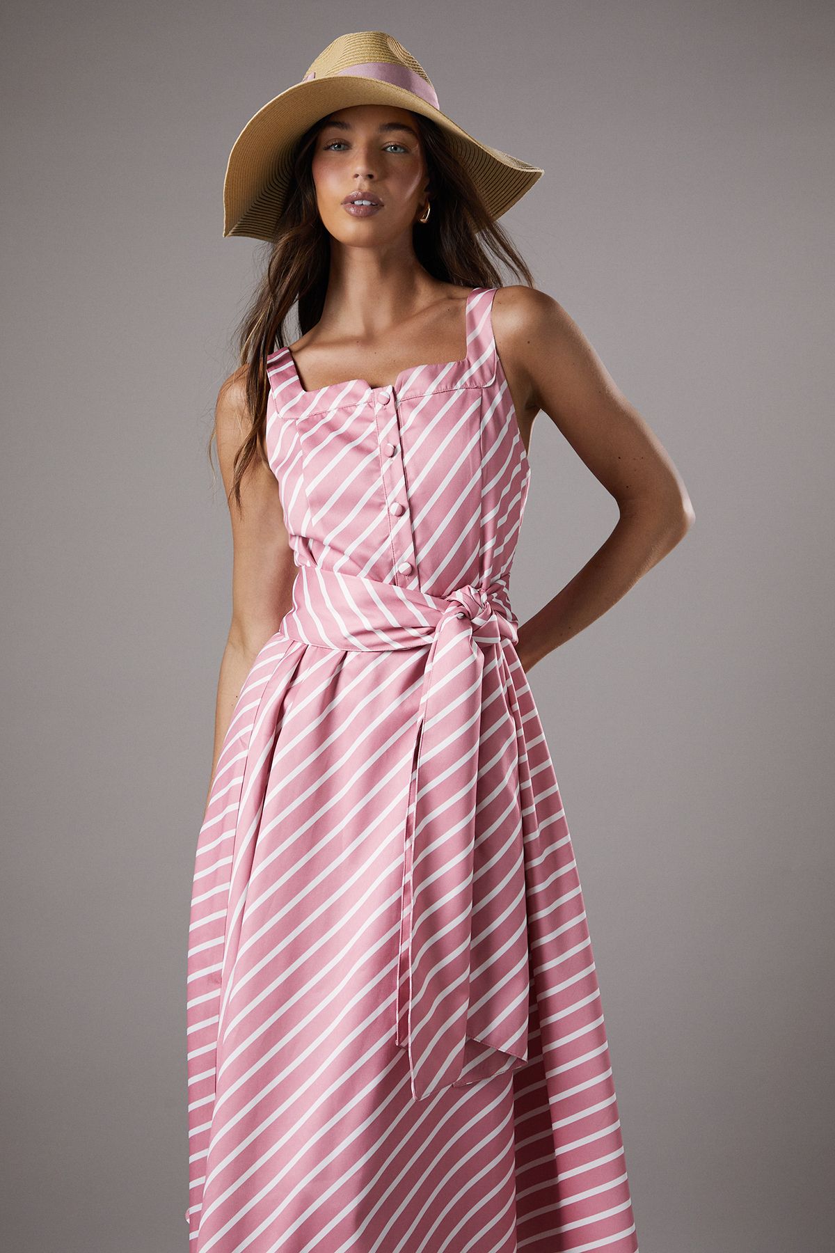 Coast Lisa Tan Diagonal Stripe Belted Midi Dress Pink image 2