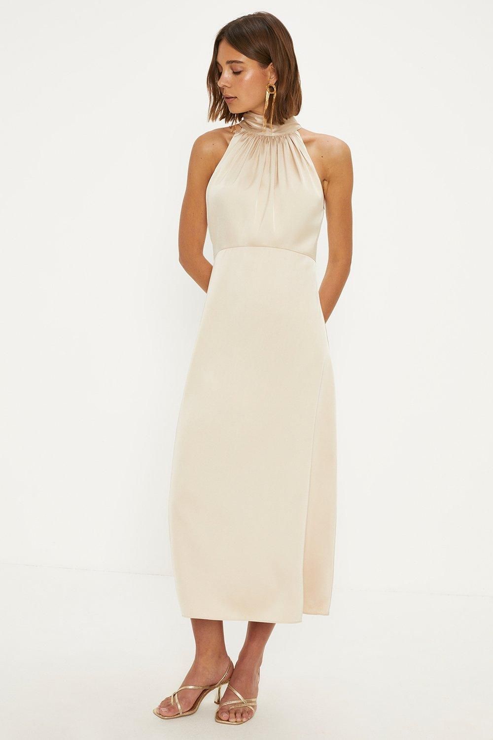 Oasis Oasis By Coast Satin Halter Neck Midi Bridesmaid Dress Champagne