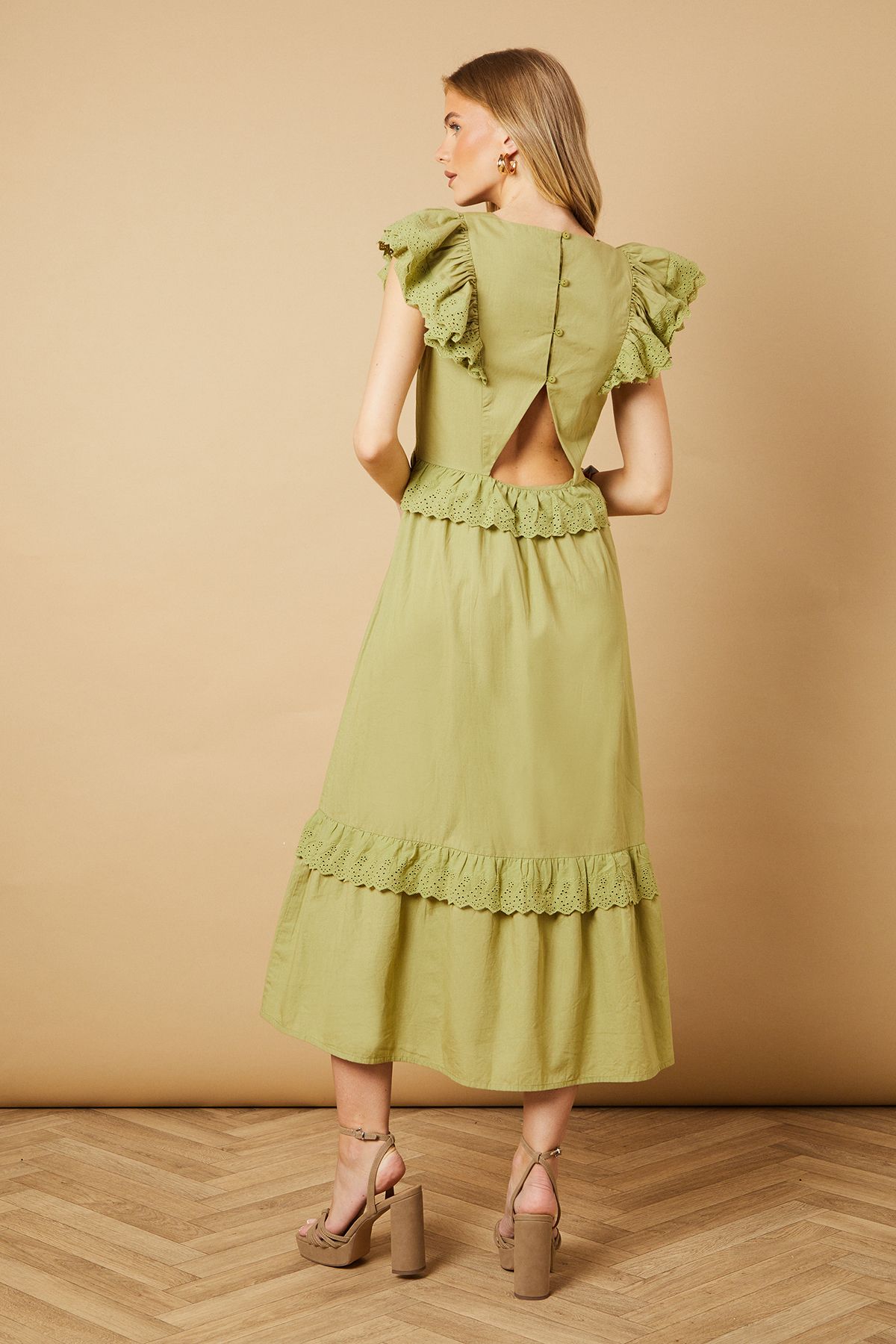 Oasis Broderie Panel Ruffle Maxi Dress Khaki image 4