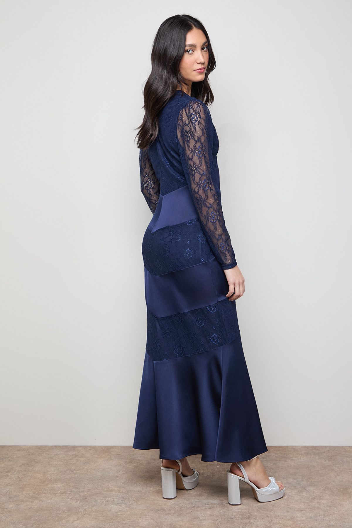 Oasis Satin Lace Mix V Neck Maxi Dress Navy image 3