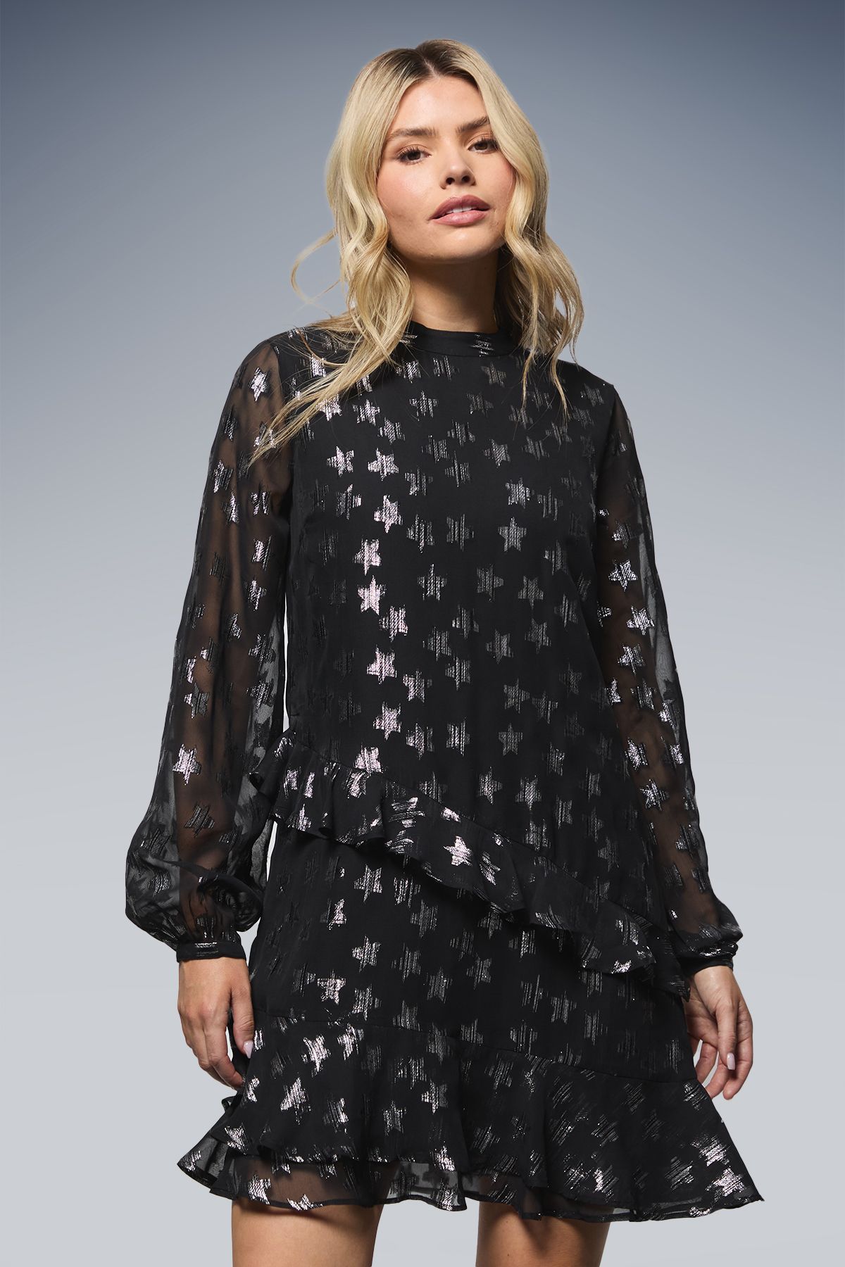 Dorothy Perkins DP Luxe Star Jacquard Ruffle Shift Mini Dress Black image 2