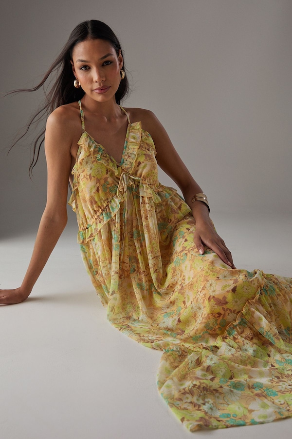 Warehouse Chiffon Ruffle Strappy Floaty Maxi Dress Floral