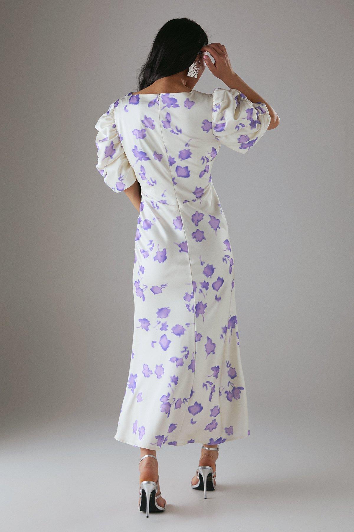 Warehouse Petite Satin Pleat Volume Sleeve Plunge Bias Midi Dress Lilac image 3