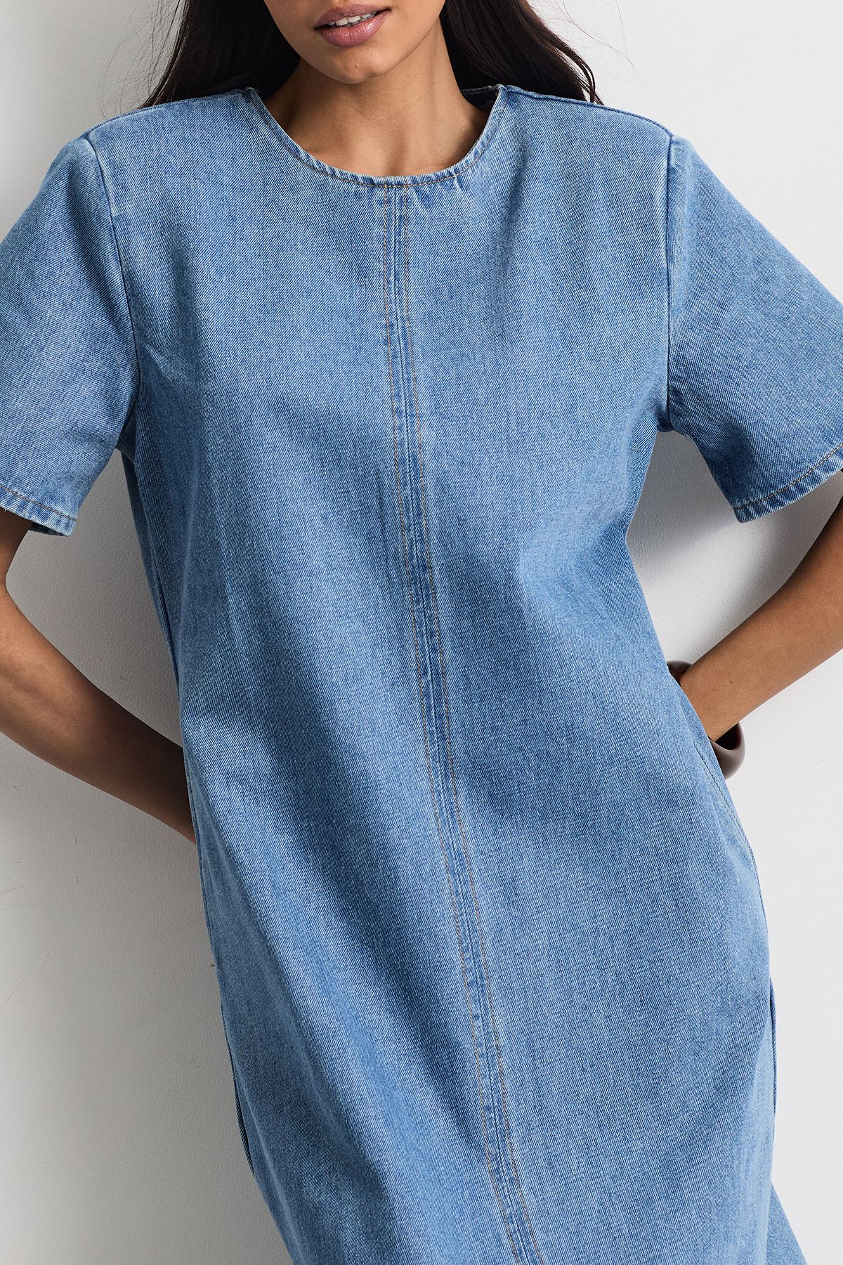Warehouse Denim Side Split Midi Dress Mid Wash image 4