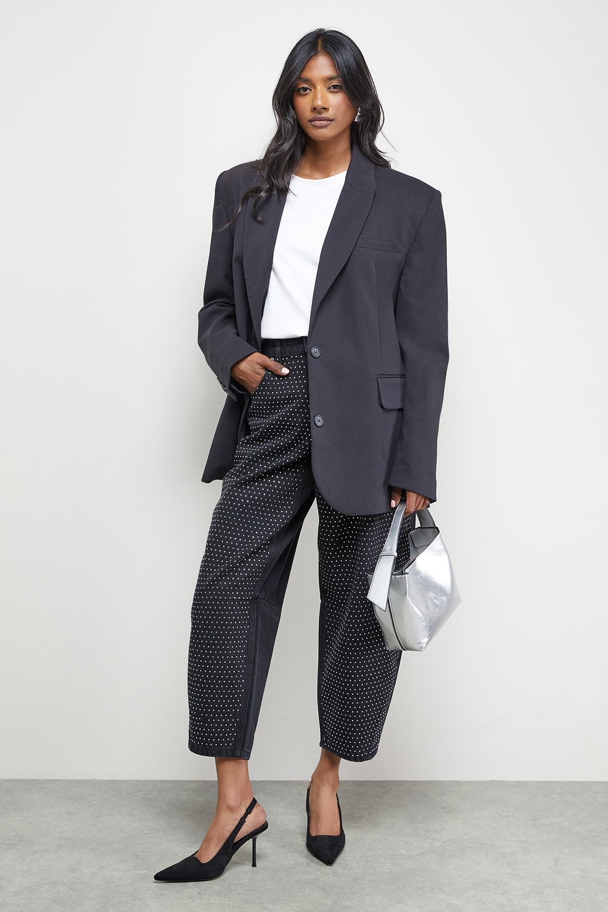 Warehouse Rhinestone Barrel Leg Jean Washed Black image 1