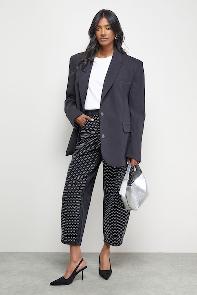 Warehouse Rhinestone Barrel Leg Jean Washed Black