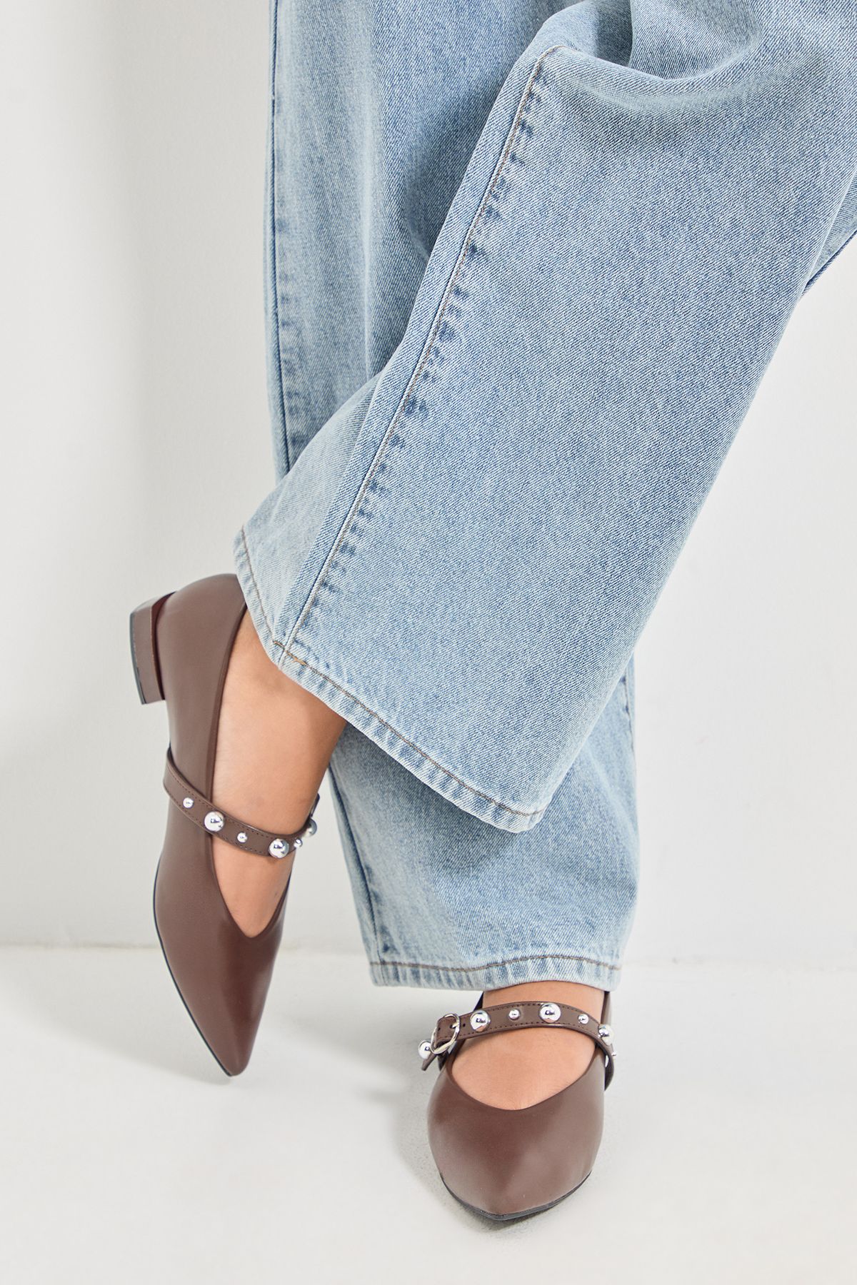 MissPap Faux Leather Studded Mary Jane Pointed Ballet Pumps Chocolate image 2