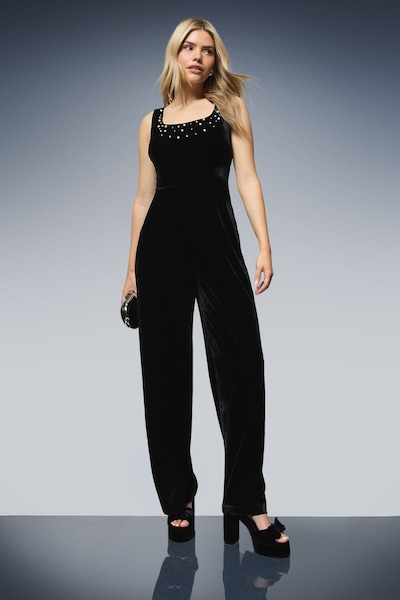 Dorothy Perkins DP Luxe Pearl Embellished Square Neck Velvet Jumpsuit Black