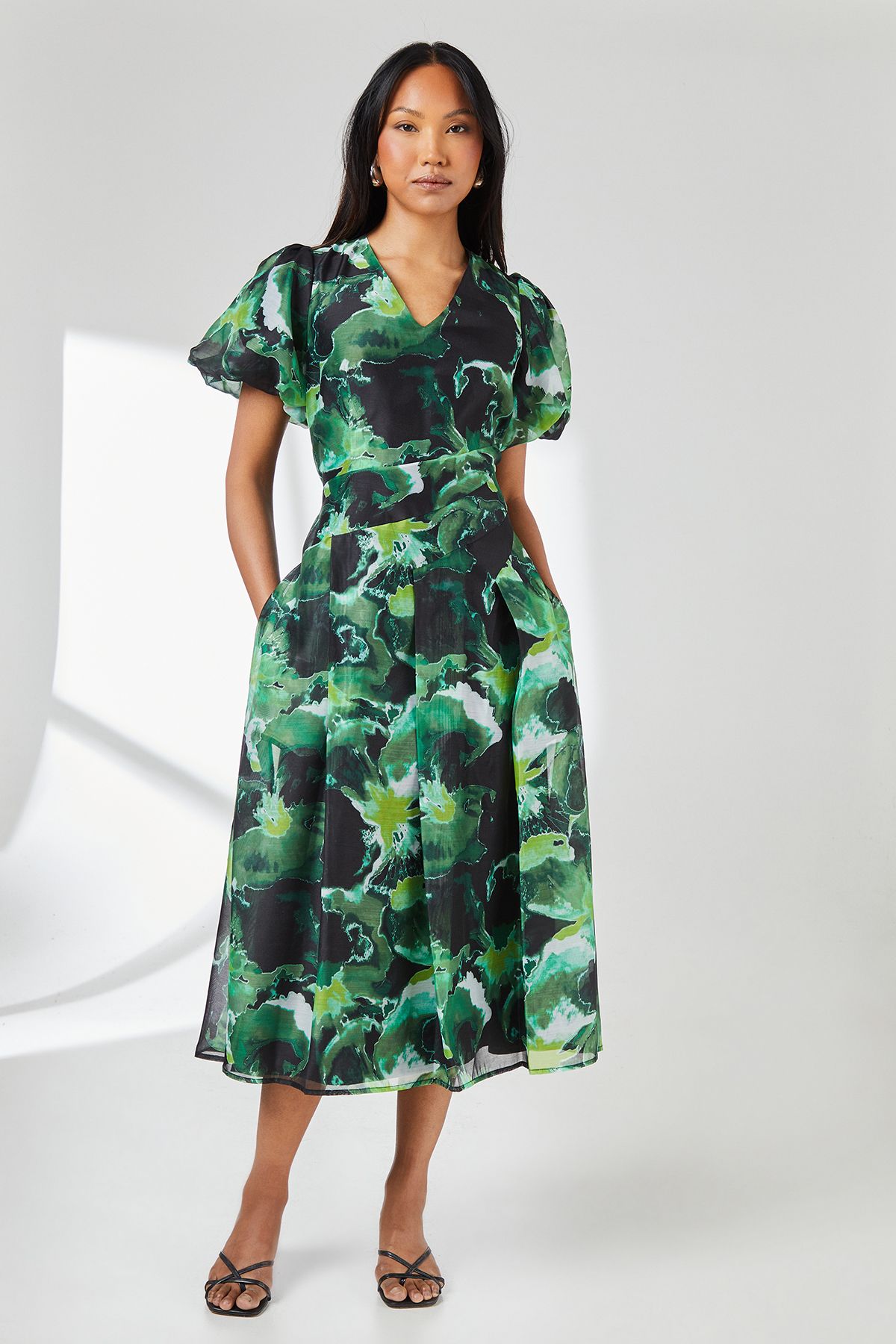 Principles Green Floral Print Puff Sleeve Organza Midi Dress Green image 1