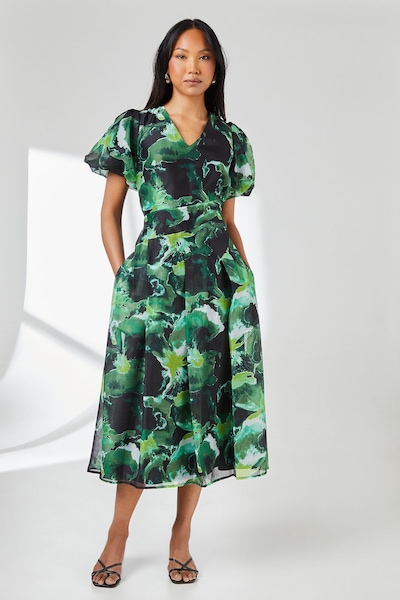 Principles Green Floral Print Puff Sleeve Organza Midi Dress Green