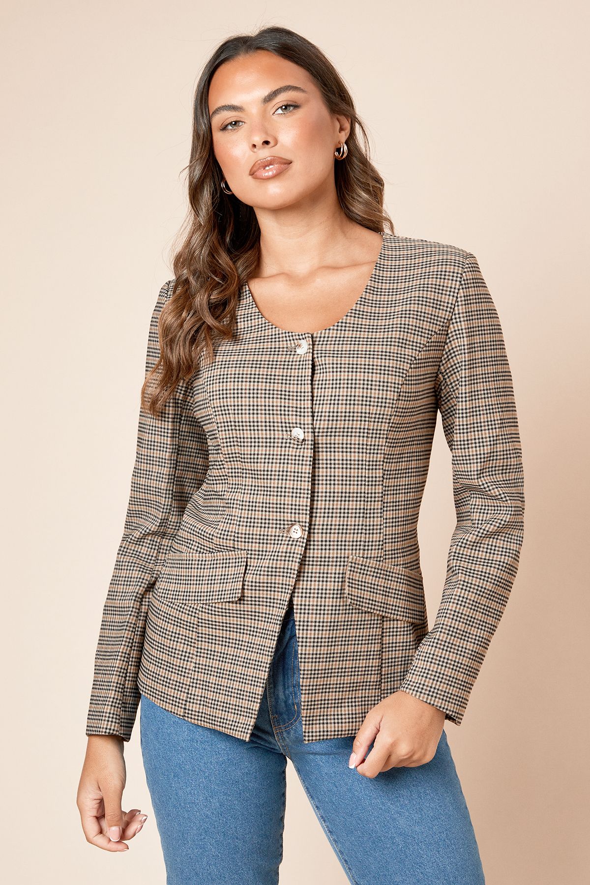 Dorothy Perkins Check Scoop Neck Blazer Dark Brown image 2