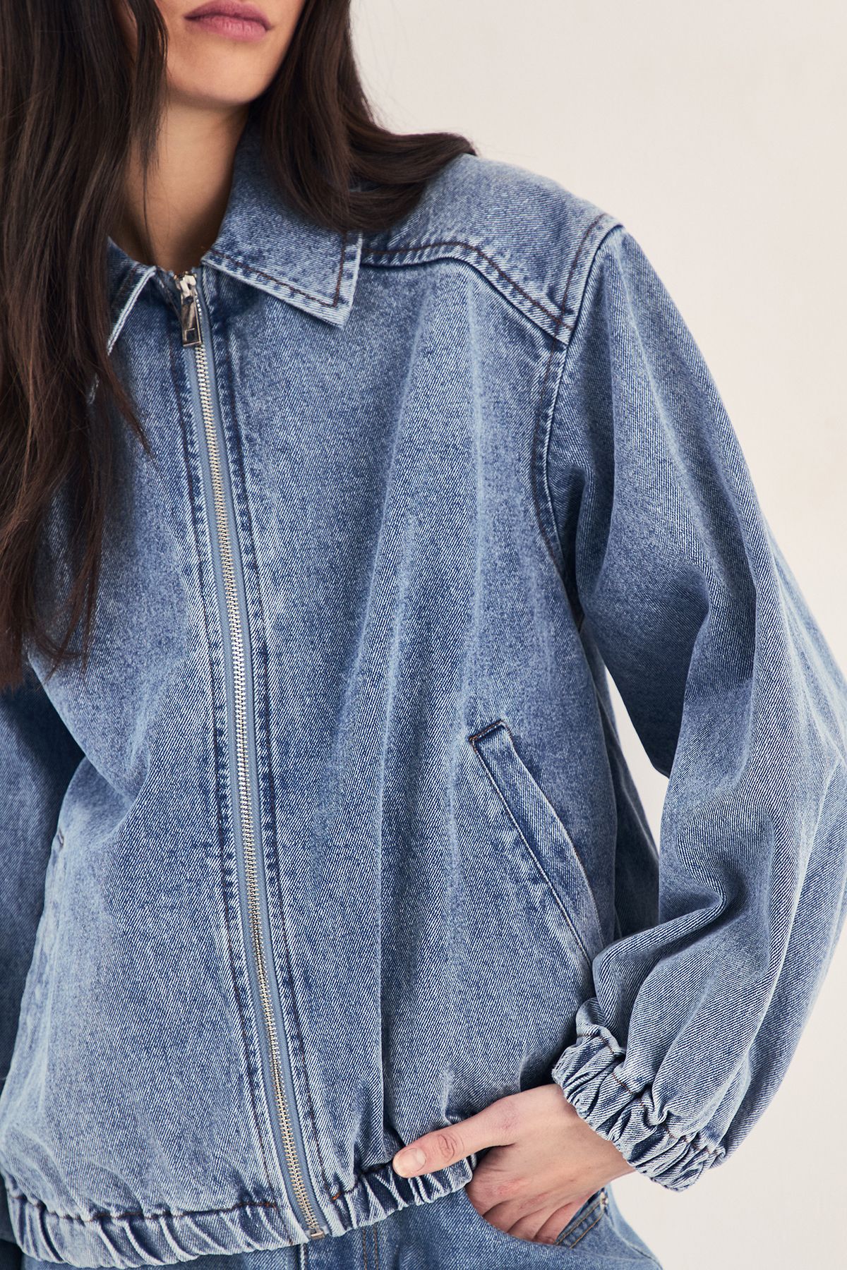NastyGal Oversized Denim Bomber Jacket Authentic Midwash image 5