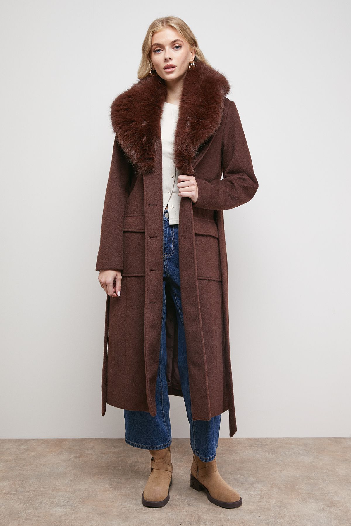 Oasis Buckle Detail Faux Fur Collar Belted Coat Chocolate image 2