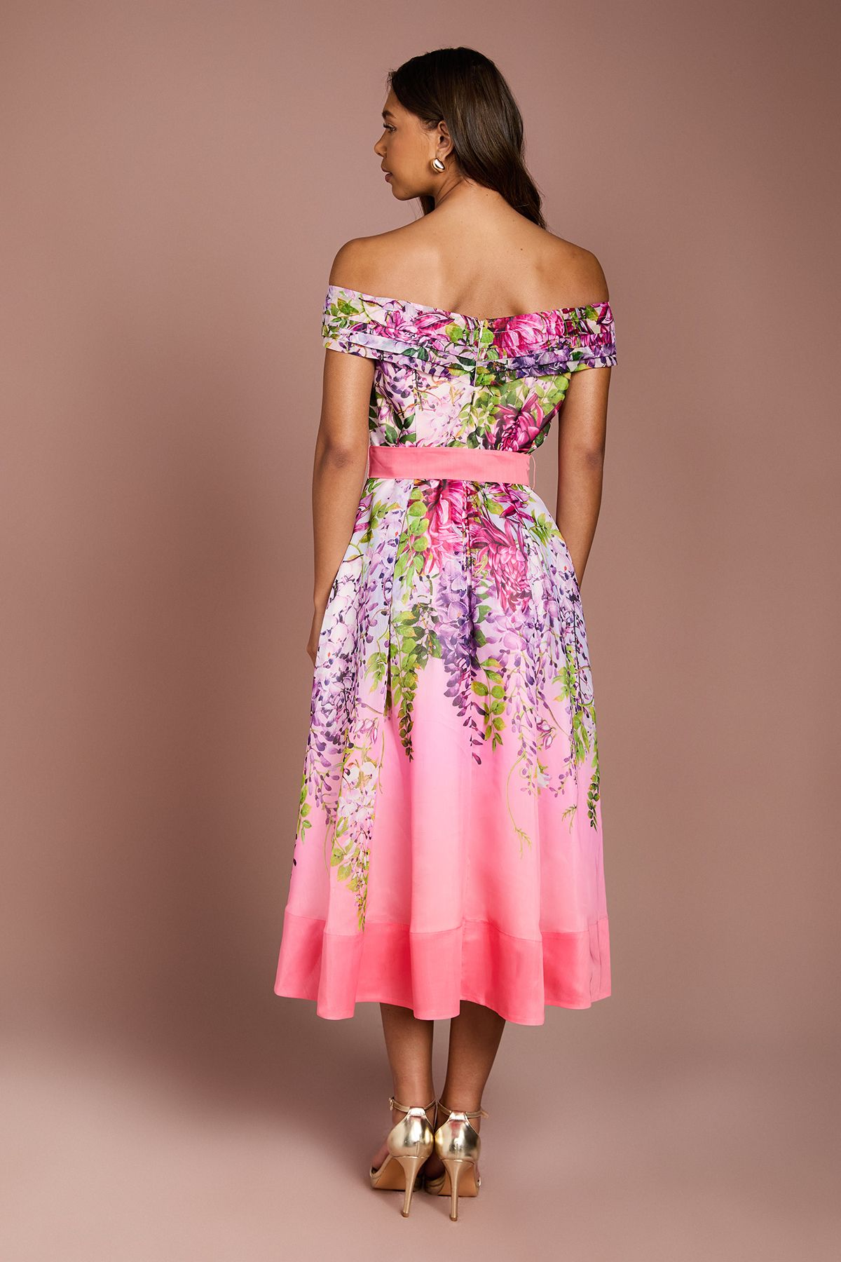 Coast Bardot Pleated Floral Printed Midi Dress Pink image 3