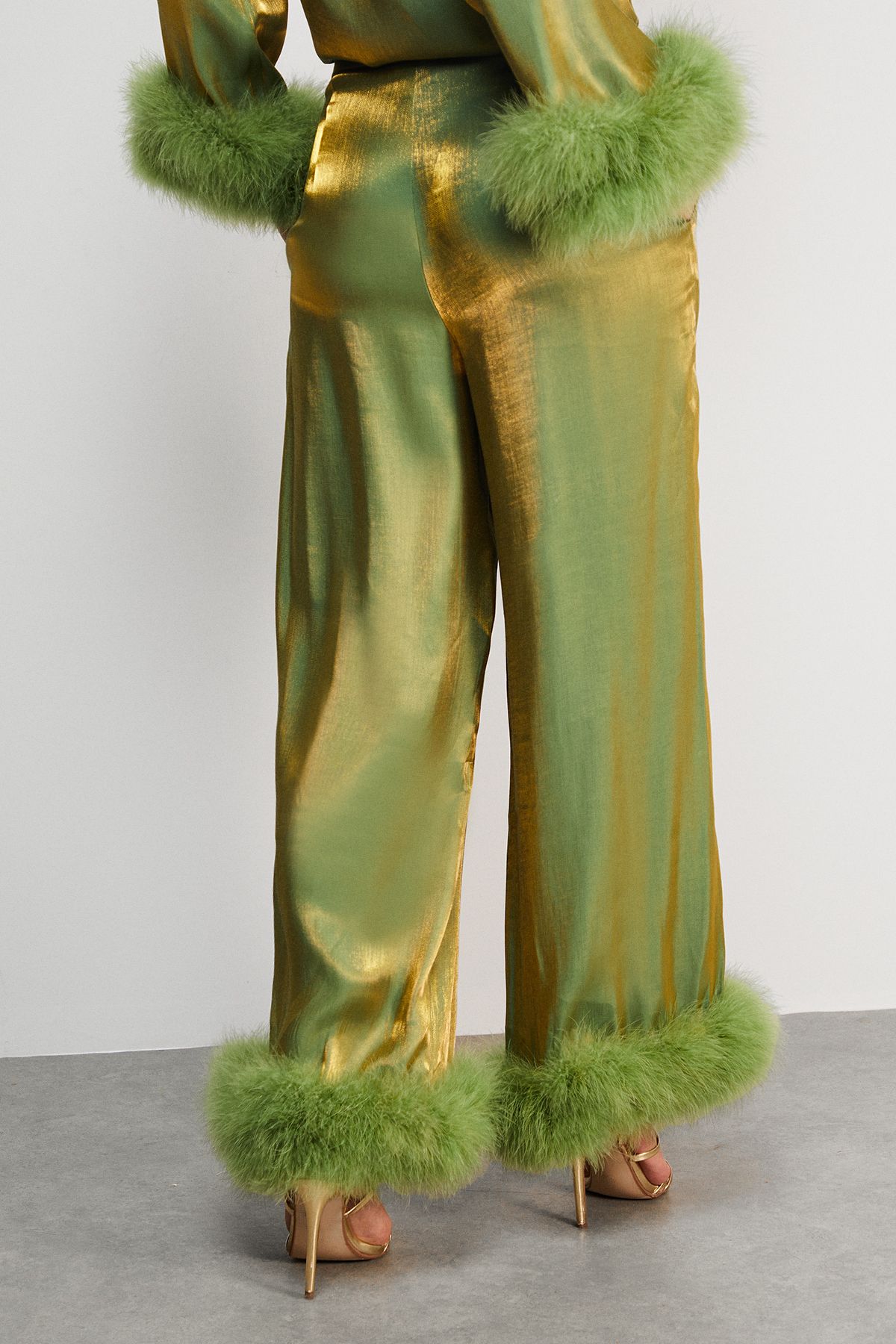 Warehouse Premium Iridescent Feather Cuff Wide Leg Trousers Green image 3
