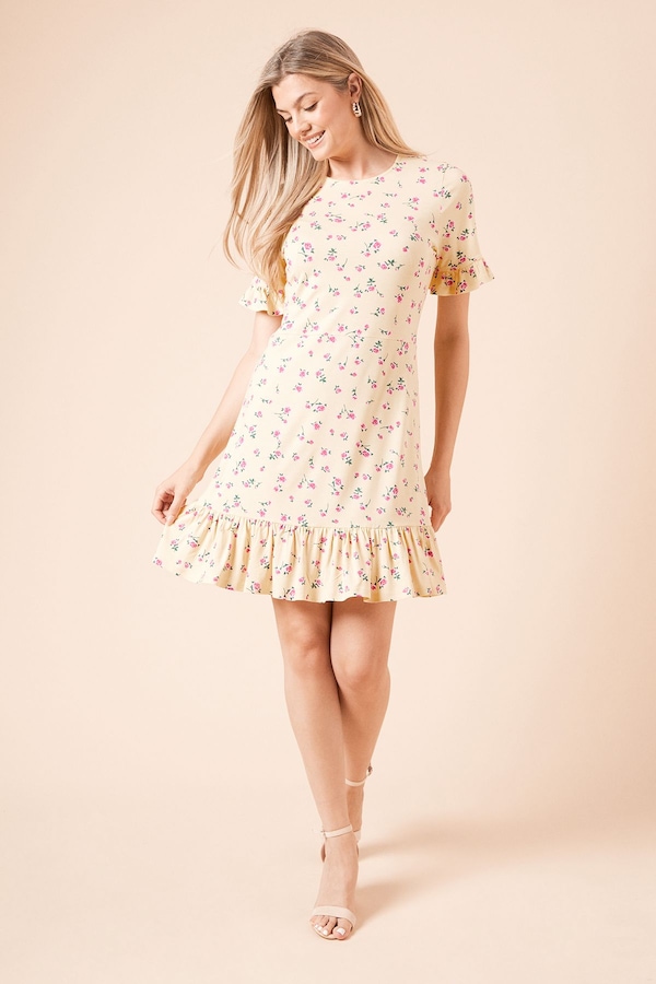 Dorothy Perkins Yellow Ditsy Short Sleeve Frill Hem Mini Dress Yellow
