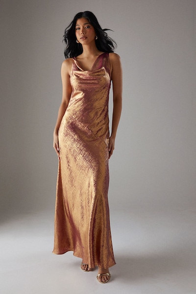 Warehouse Metallic Lame Cowl Neck Maxi Dress Magenta