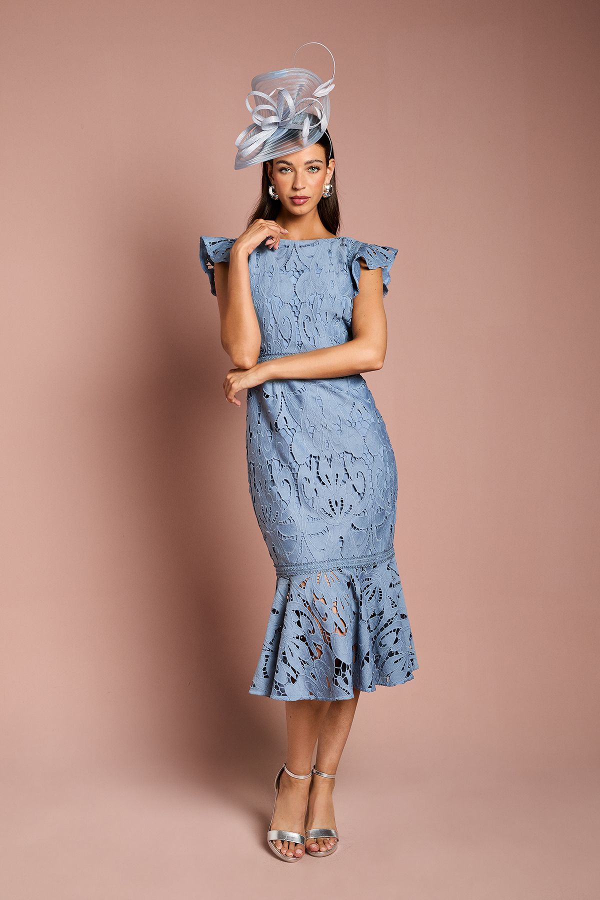 Coast Frill Sleeve Lace Flute Hem Dress Grey Blue image 1