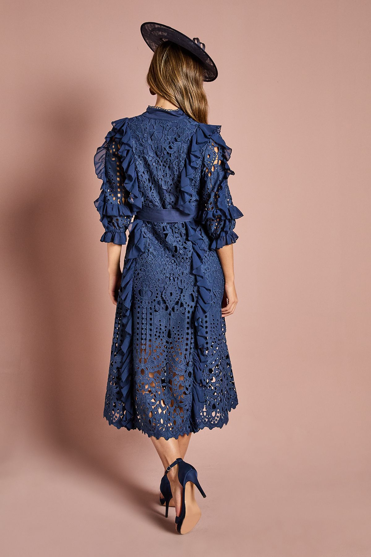 Coast Lace Ruffle Shirt Dress With Tie Navy image 3