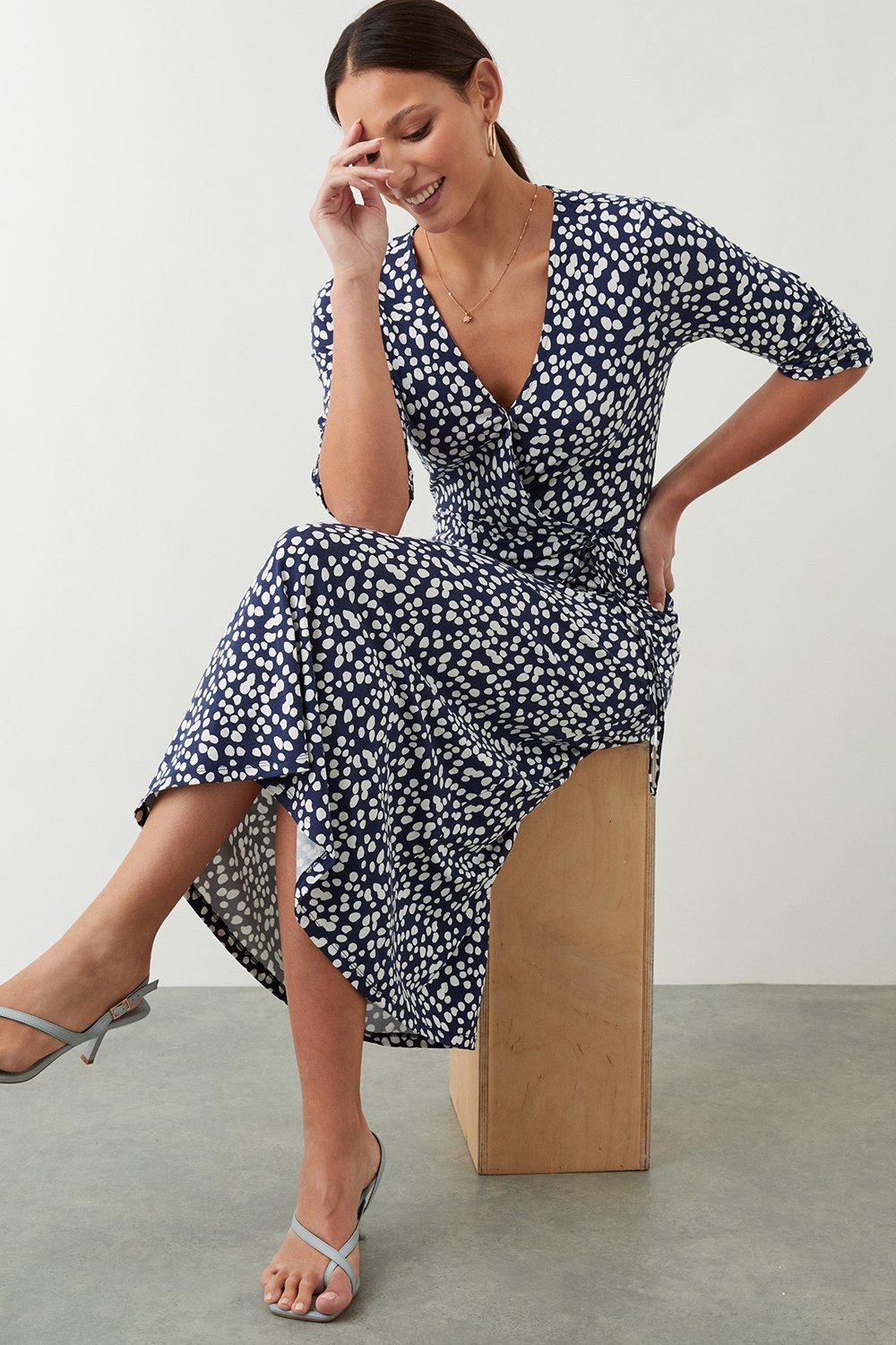 Dorothy Perkins Navy Spot Print  Wrap Jersey Midi Dress Navy image 1