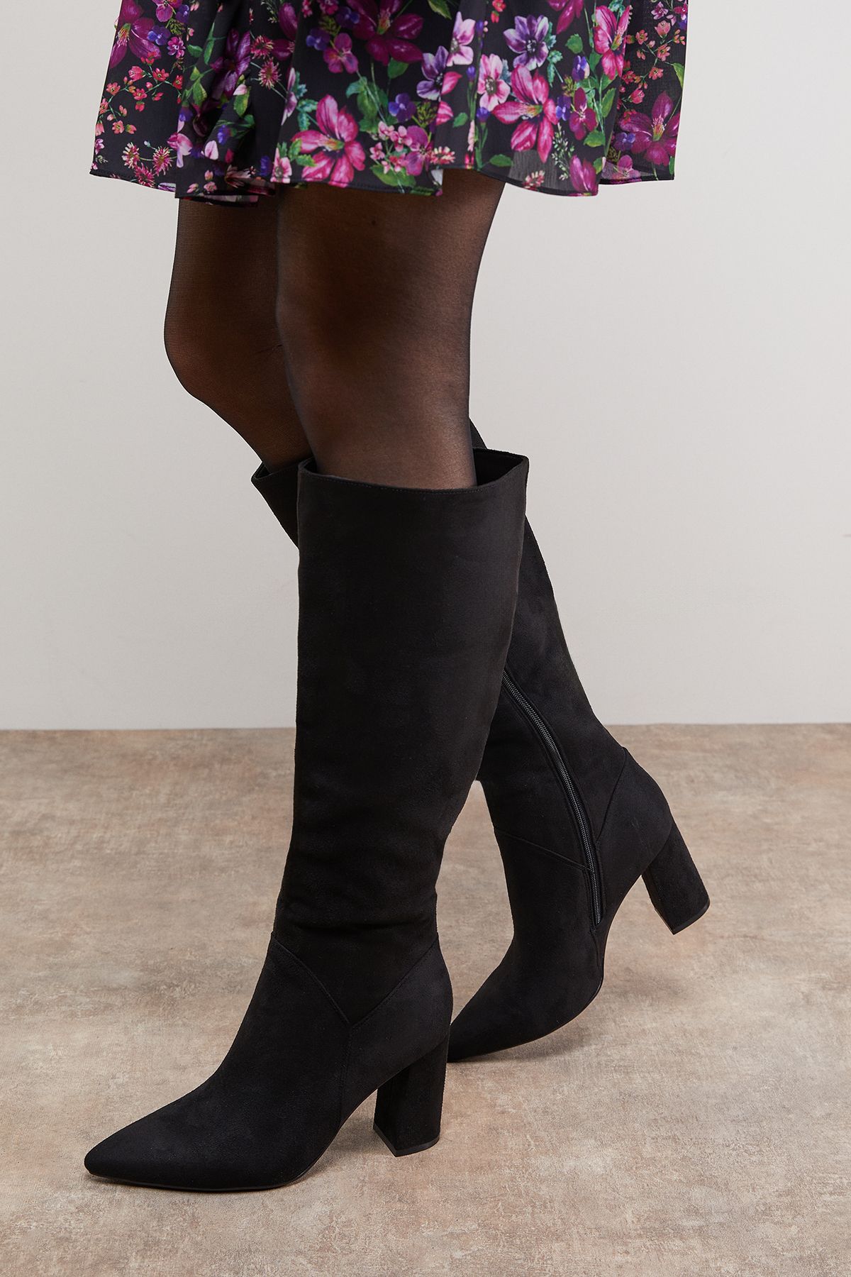 Oasis Jemima Faux Suede High Block Heel Pointed Knee Boots Natural Black image 2