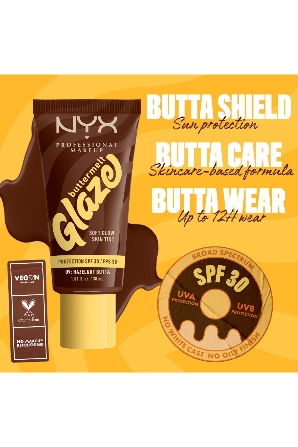 NYX Professional Makeup Buttermelt Glaze Soft Glow Skin Tint + SPF/FPS 30 30ml Hazelnut Butta image 3