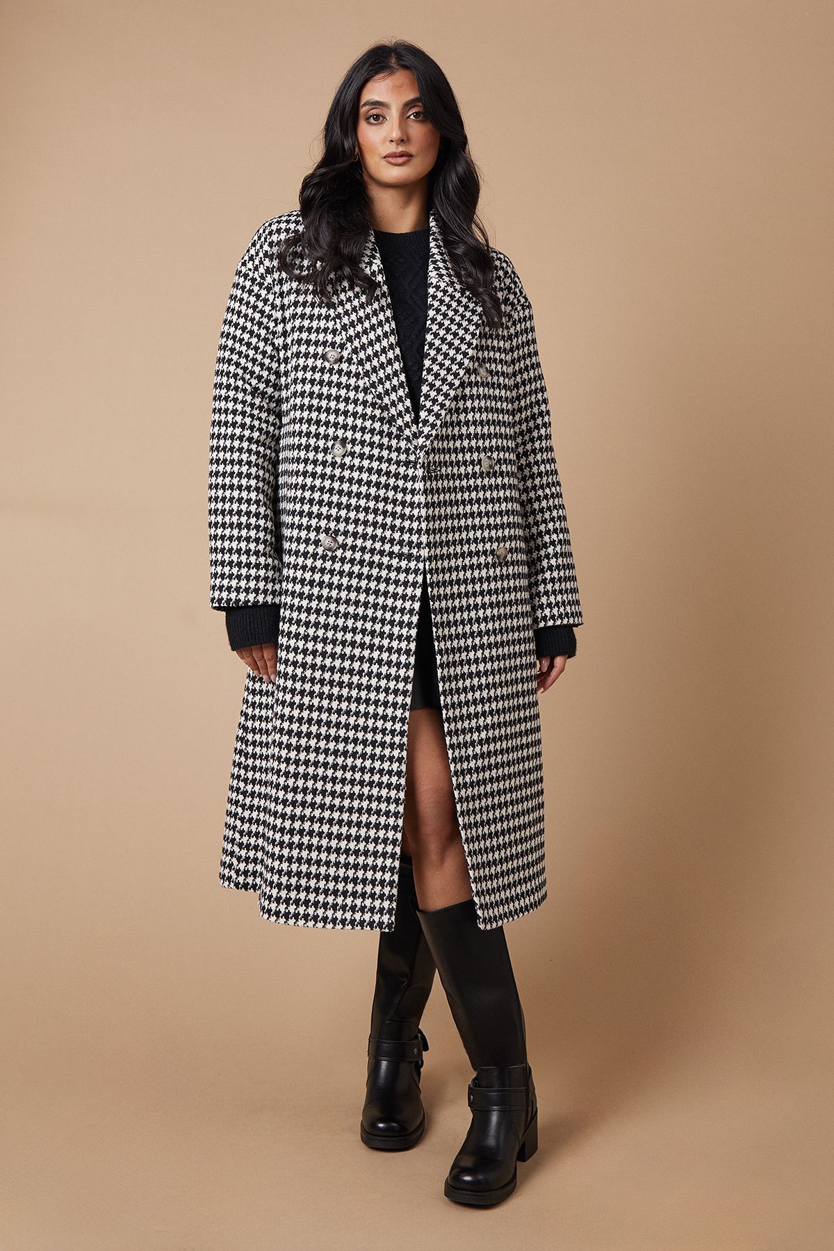 Oasis Checked Tab Back Detail Faux Wool Double Breasted Midi Coat Neutral image 2