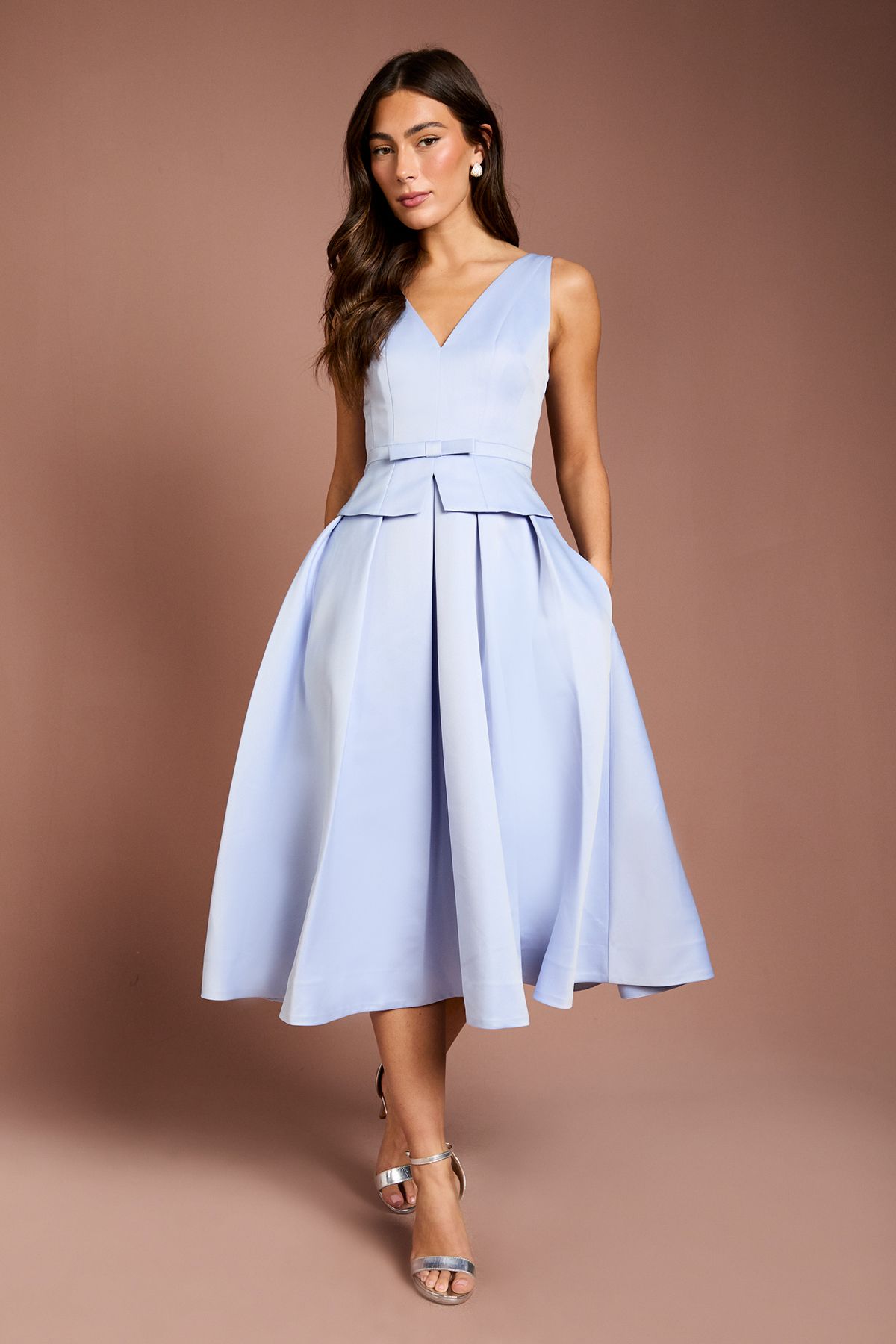 Coast Lisa Tan Structured Satin Pleated Peplum Midi Dress Blue