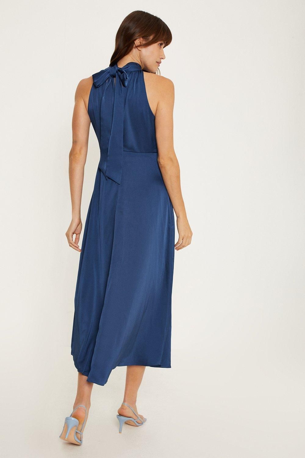 Oasis Oasis By Coast Satin Halter Neck Midi Bridesmaid Dress Navy image 3