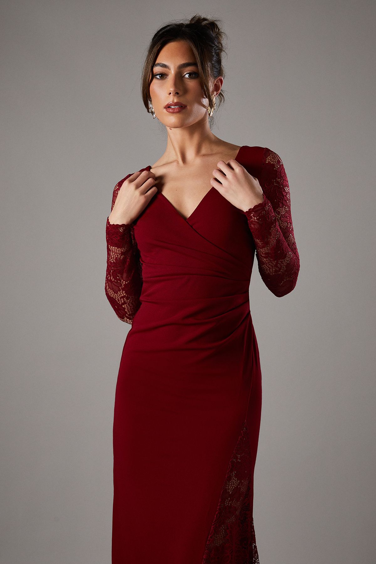 Coast Long Sleeve Maxi Dress With Lace Wine image 2