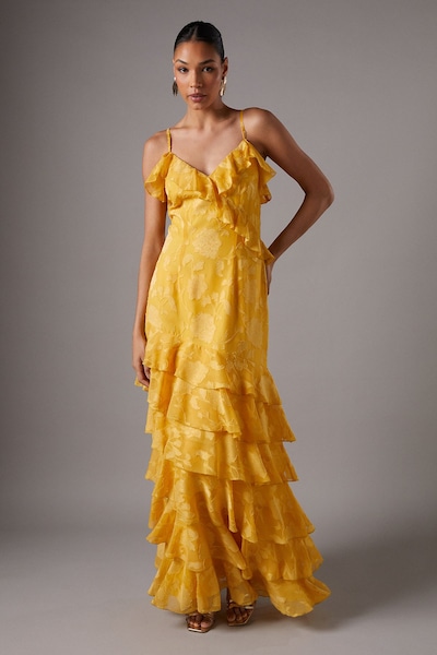 Coast Strappy Frill Tiered Hem Maxi Holiday Dress Ochre