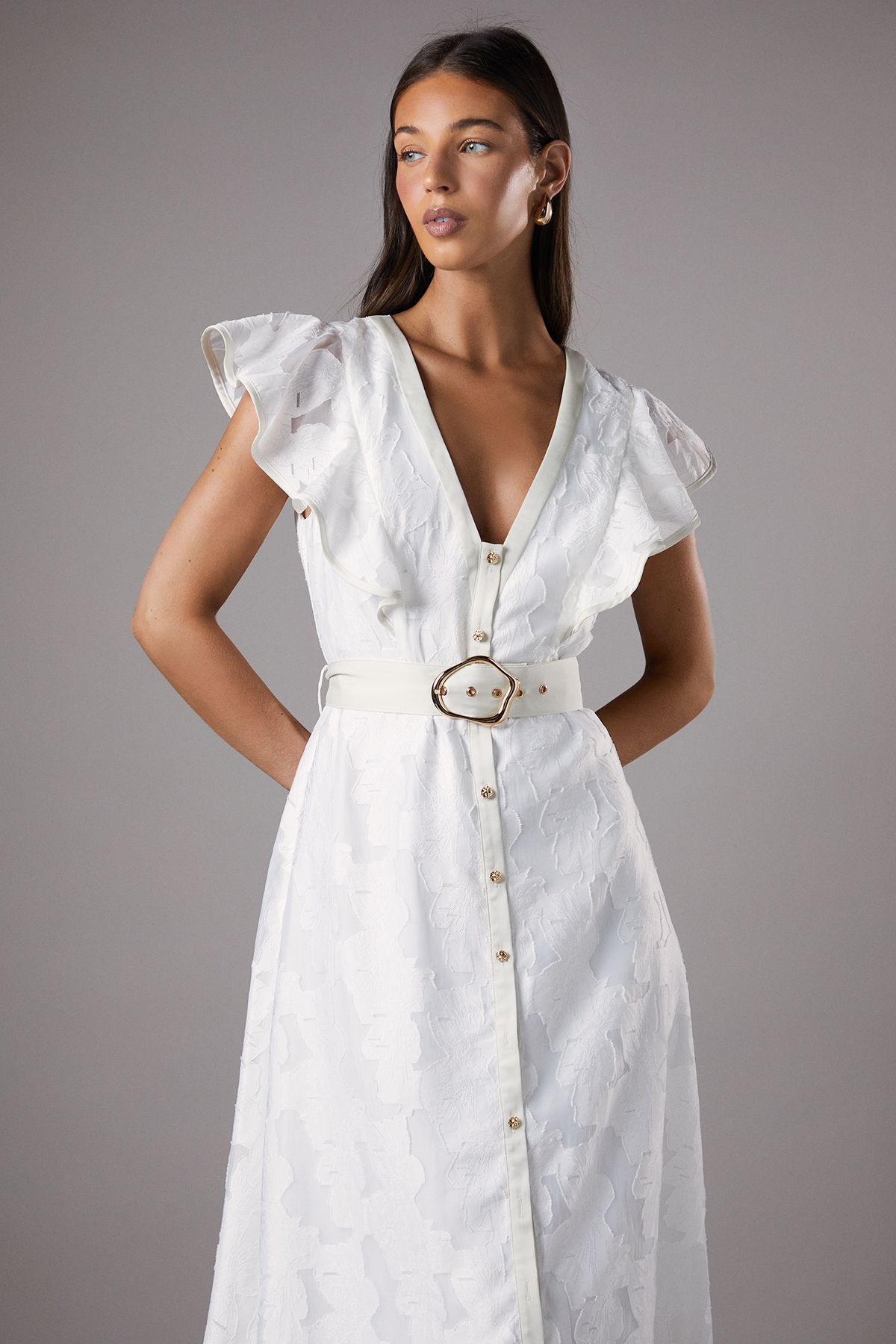 Coast V Neck Organza Jacquard Button Down Midi Dress Ivory image 2